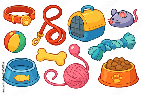 Pet shop accessories vector set. Cartoon illustrations of dog and cat supplies. Leash, collar, food bowl, carrier, and toys. Cute animal care equipment collection isolated.