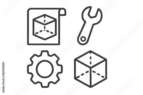 Set of 3D modeling and engineering line icons. Includes blueprint, CAD model, wrench tool, and gear symbol. Concept for prototyping, manufacturing, and technical design vector.