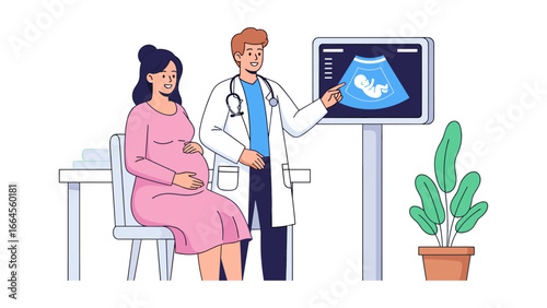 Doctor Explaining Ultrasound Scan Results to Expecting Mother in a Medical Examination Room