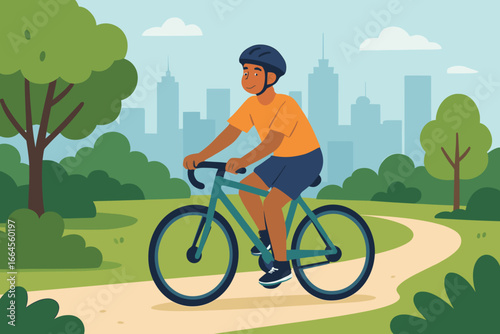 Man riding bicycle in city park. Healthy lifestyle, outdoor sport activity, urban recreation concept. Cyclist on bike path with cityscape background. Flat vector cartoon illustration.