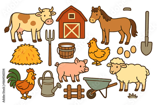 Cute farm animal collection with barn and tools. Vector cartoon illustration set with cow, horse, pig, sheep, chicken. Country life agriculture icons for kids. Isolated elements.