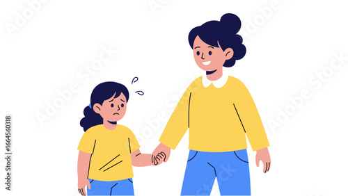 Mother gently supports her anxious child, providing comfort and reassurance during a moment of shyness