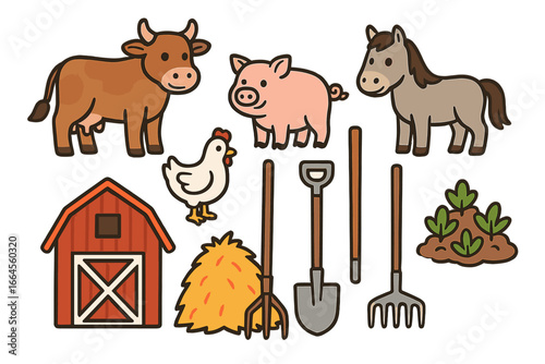 Farm life vector icon set. Cute cartoon collection of farm animals like cow, pig, horse, chicken and agriculture tools. Red barn, haystack and farming equipment illustrations.