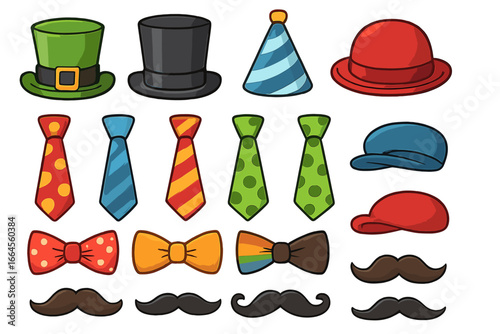 Funny photo booth props set with hats, ties, bow ties, and mustaches. Colorful cartoon vector collection for party, carnival, or masquerade. Costume accessories illustration.