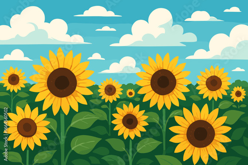 Sunflower field vector background. Summer nature landscape with yellow flowers and blue sky with clouds. Agriculture farming concept illustration. Modern flat cartoon vector graphic.