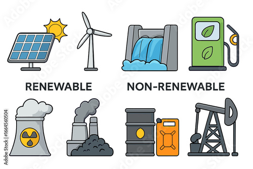 Renewable vs non-renewable energy sources icon set. Solar panel, wind turbine, hydro power, biofuel. Nuclear plant, coal factory, fossil fuel, oil derrick vector illustration.