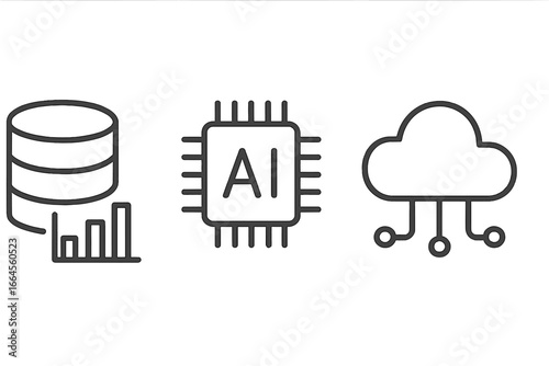 Data analysis line icon set with database, AI chip, and cloud computing symbols. Vector icons for big data, machine learning, server storage, and network technology concepts.