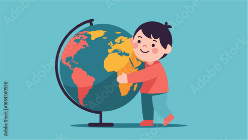 Adorable little child enthusiastically embracing a vibrant world globe, symbolizing global education and environmental care