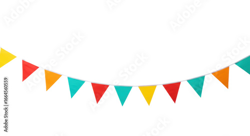 Vibrant red, orange, yellow, turquoise triangular and swallowtail bunting floating on a transparent studio background, soft high-key lighting, ample negative space. Concept of joy and celebration