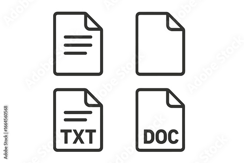 Document file vector icon collection. Paper sheet and page symbols. Doc and txt file format signs. Simple line art pictogram set for website UI or mobile app design.