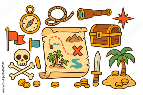 Pirate adventure icon set with treasure map, chest, skull, and gold coins. Vector cartoon illustration for a fantasy sea quest. Includes compass, spyglass, and island symbols.