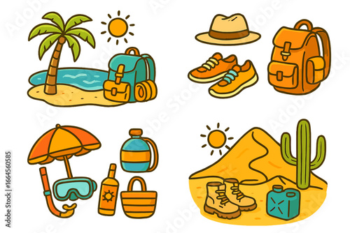 Vector set for outdoor adventures and travel. Essential gear for beach vacation and desert journey. Cartoon icons with backpack, boots, snorkel, and hat for hiking or tourism.