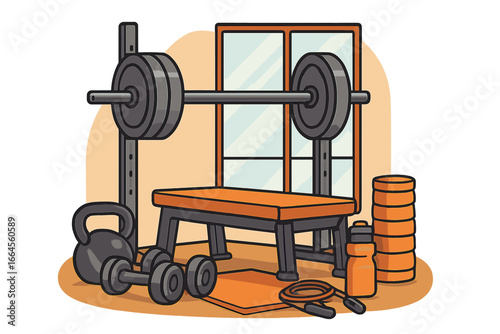 Gym equipment for strength training and workout. Barbell on a bench press rack with dumbbells, kettlebell, and weights. Fitness, bodybuilding concept. Vector illustration.
