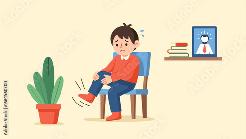 Young boy suffering from knee pain and restless leg shaking while sitting on a chair