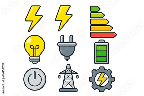 Energy efficiency and consumption icons set. Lightning electric symbols. Energy and power technology concepts with battery, plug, lightbulb, and pylon. Vector cartoon illustration.