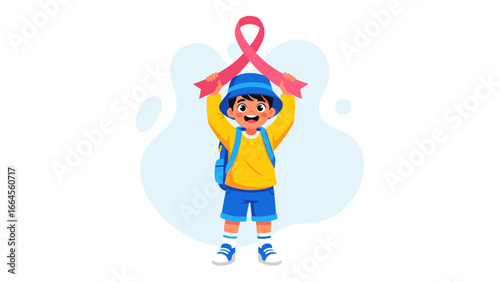 Young boy joyfully holding up a pink ribbon, symbolizing hope and support for breast cancer awareness and health