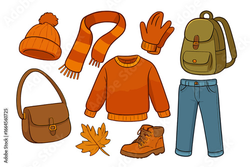 Autumn fashion clothing set. Fall casual outdoor activity accessories. Cozy warm outfit with sweater, hat, scarf, gloves, jeans, boots, backpack. Vector cartoon illustration pack.