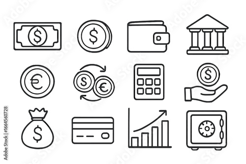 Finance and currency line icon set. Money, banking, and exchange icons. Includes wallet, credit card, safe, investment chart, calculator, and bank. Vector outline symbols.