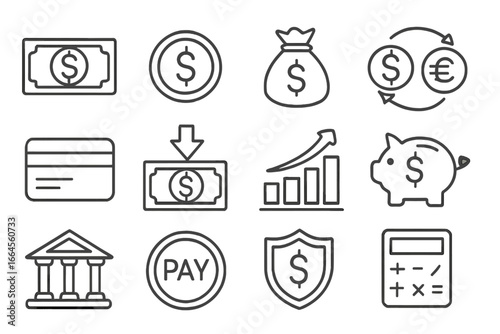 Money and finance thin line icon collection. Vector symbols for banking, currency exchange, payment, investment, savings, credit card, piggy bank, and financial security.