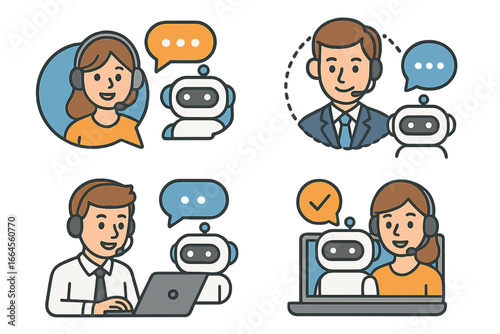 Customer service icon set with chatbot and support agent. AI helpdesk concept. Virtual assistant communication with man and woman operator. Vector cartoon illustration.