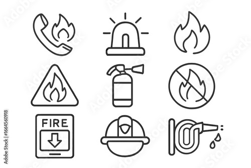 Fire safety linear icon set. Emergency response and firefighting equipment symbols. Thin line collection of hazard warning signs, alarm, extinguisher, hose, and firefighter helmet.