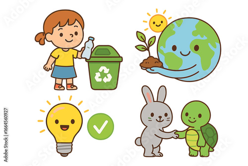 Fun colorful cartoon icons for sustainability. Girl recycling plastic bottle. Cute Earth holding seedling. Eco-friendly lightbulb idea. Rabbit and turtle friends. Vector set.