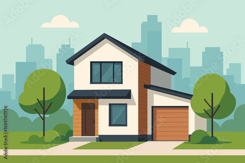 Modern house with trees against a big city skyline. Suburban building with garage. Vector illustration. Flat cartoon style for real estate, property, architecture, or mortgage.