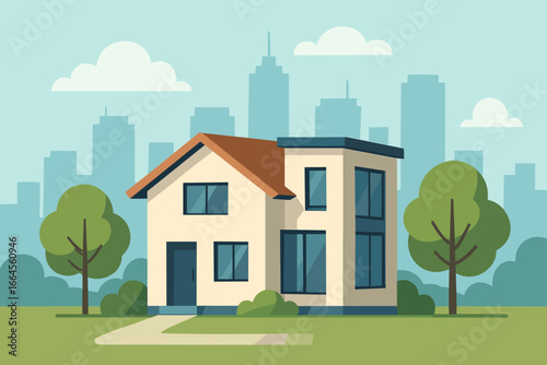 Modern house and trees with a city skyline background. Suburban home vector illustration. Real estate, property, and residential architecture concept in a flat cartoon design style.