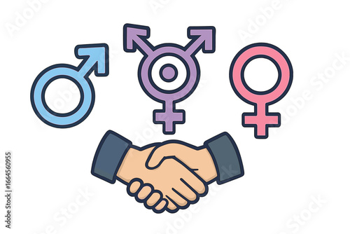 Gender equality vector concept. Male, female, transgender, non-binary gender identity symbols. Handshake icon signifying cooperation, respect, partnership, inclusion, diversity.