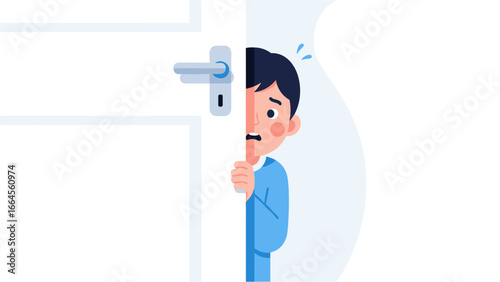 Anxious Man Hiding Behind Door Fearful Expression and Unexpected Surprise Graphic