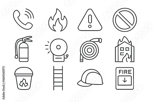 Fire safety and emergency response linear icon set. Vector collection of outline symbols for warning, hazard, and protection, including extinguisher, alarm, hose, and call point.