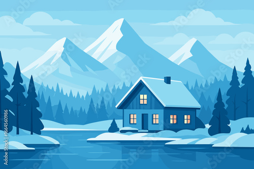 Winter wonderland landscape with a cozy house by the lake. Vector illustration of a cabin in a snowy mountain forest. Serene blue nature scenery in a modern flat style.