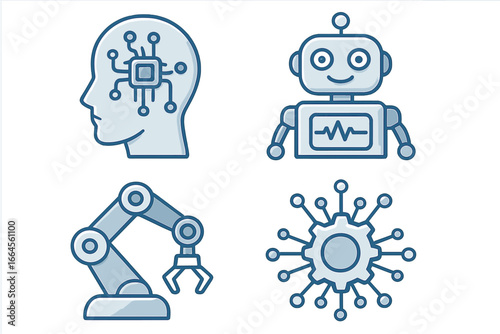 Artificial intelligence icon set. Robotics and machine learning concepts. Human head with chip, cute robot, industrial arm manipulator and neural network gear. Future technology vector.
