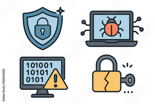 Cybersecurity icon set. Graphic representation of digital protection, cyber attack, data breach, and vulnerability. Vector includes shield, virus, binary code, and hacked lock.