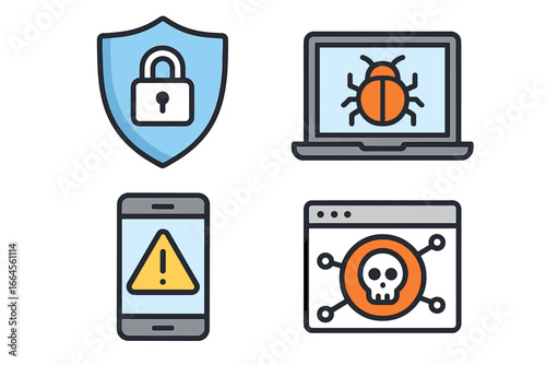 Cybersecurity vector icon set. Digital protection, security and vulnerability concepts. Includes shield, virus, malware, bug, network attack, phone warning, and hack symbols.