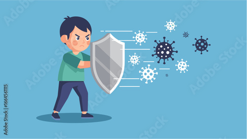 Boy Defending Against Virus with Shield - Healthcare Illustration for Protection Concept