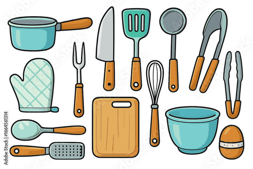 Kitchen tools and utensils vector set. Cooking and baking equipment cartoon illustration. Cookware icons for food preparation. Pot, knife, spatula, whisk, bowl and oven mitt.
