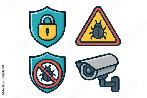 Cybersecurity icon set for data protection and online safety. Includes virus warning, antivirus shield, privacy lock, and surveillance camera. Concept for malware and bugs. Vector.