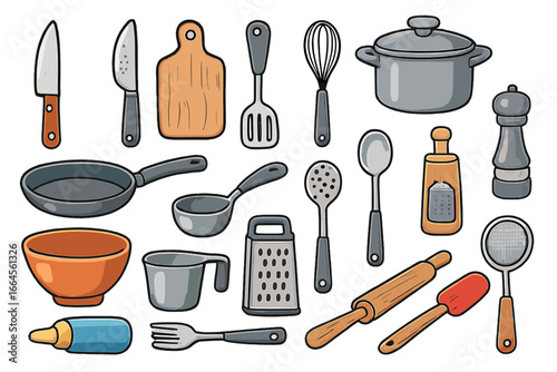 Vector set of cartoon kitchen utensils and tools. Cookware for meal preparation and home cooking. Culinary icons collection with pan, pot, knife, grater, whisk, rolling pin.