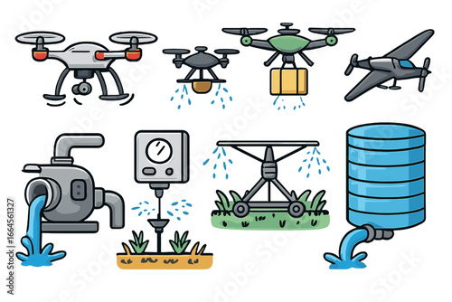 Set of agriculture technology icons. Agricultural drones for spraying and delivery, irrigation system, water pump, tank and airplane. Smart farming vector cartoon collection.