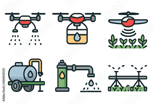 Smart farming icon set with agriculture drone for spraying and irrigation system. Agritech water management, crop sprayer, and precision farming vector illustration collection.