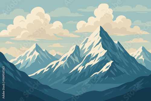 Vector mountain landscape with snow-capped peaks. Beautiful nature scenery with clouds. Concept for climbing, hiking, adventure, and travel. Modern flat illustration background.