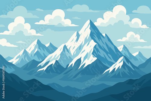 Winter mountain landscape with snow capped peaks. Vector illustration of a mountain range scenery. Nature background for travel, adventure, hiking, climbing, mountaineering.