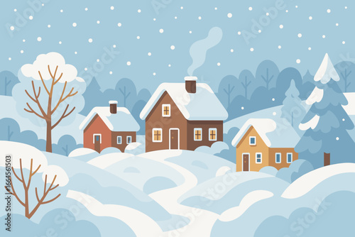 Winter village landscape with snowy houses and trees. Cozy rural scene with snowdrifts and snowfall. Christmas holiday background. Flat cartoon vector illustration for greeting card.
