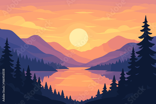 Mountain lake landscape at sunrise. Vector illustration of a serene forest and mountains with a scenic view. Flat cartoon for travel, adventure, and nature background concepts.