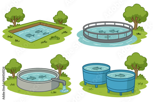 Aquaculture fish farming vector set. Collection of fish farm ponds, tanks, and net cages for seafood production. Industrial pisciculture, fishery, and hatchery concept.