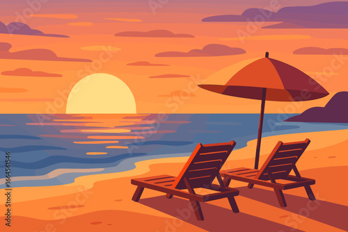 Tropical beach landscape at sunset with two sun loungers and an umbrella. Romantic evening seascape for a vacation or travel banner. Modern flat vector cartoon illustration.