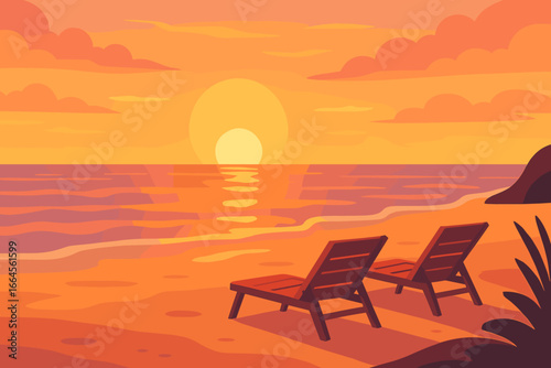 Romantic sunset on the beach with sun loungers on the seashore. Beautiful seascape landscape. Seascape banner for a romantic evening. Modern flat vector illustration.