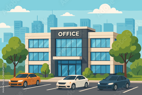 Modern office building exterior with cars in parking lot. Cityscape background with business district skyscrapers. Flat vector cartoon illustration of corporate architecture.