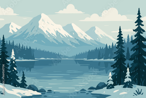 Winter alpine lake landscape panoramic illustration. Snowy mountain range, pine forest, spruce trees by tranquil water, calm reflective lake, winter wilderness. Nature background for design